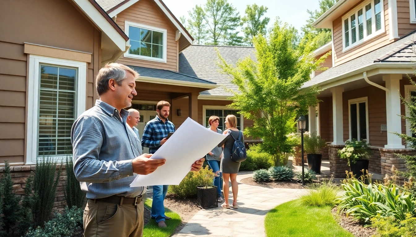 Exterior remodel expert advising homeowners in front of a beautifully renovated home.