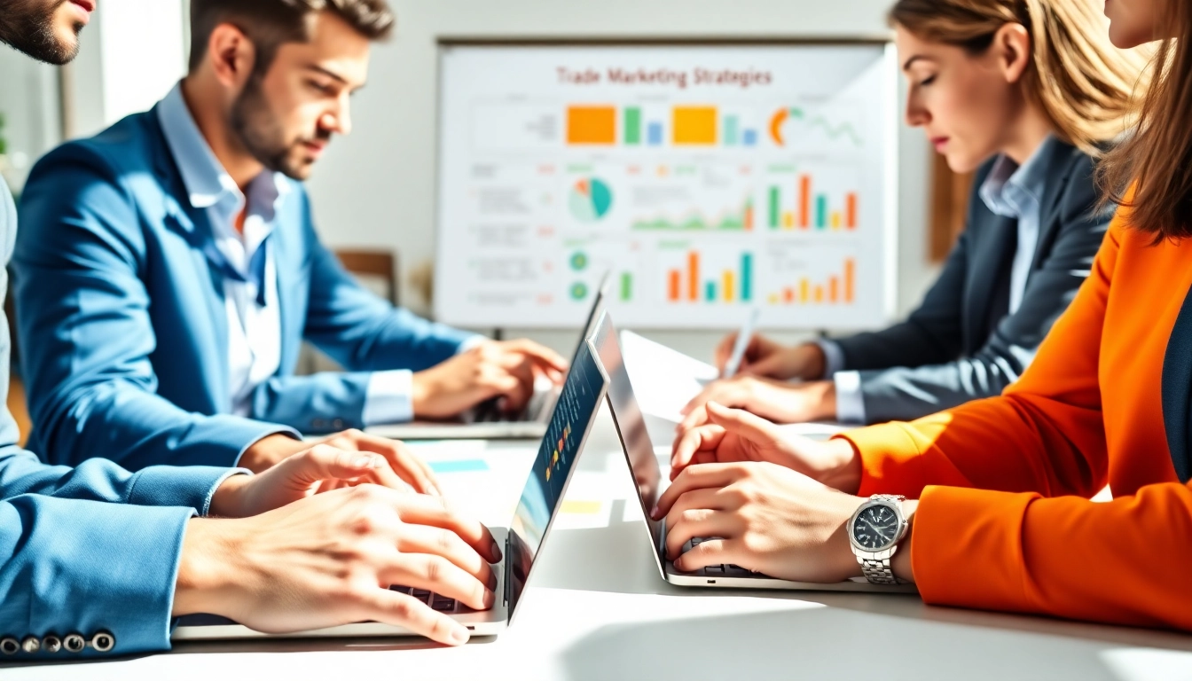 Maximize trade marketing strategies with a professional team brainstorming in a vibrant office.