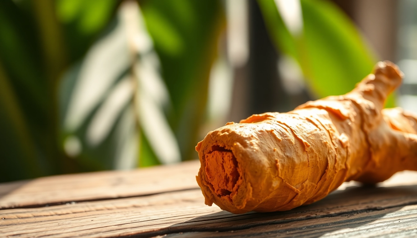 Highlighting turmeric root's vibrant color and texture on a rustic background.