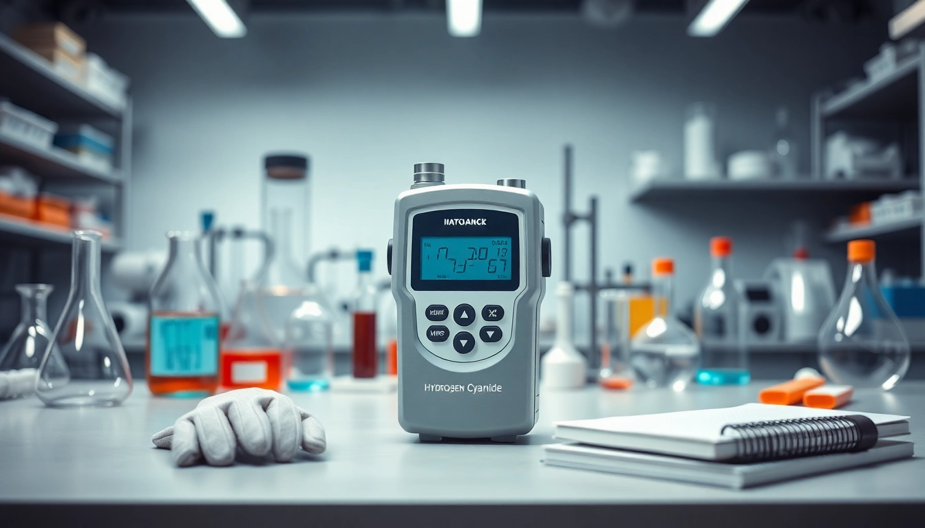 Assessing safety with a Hydrogen Cyanide gas detector in a professional laboratory environment.