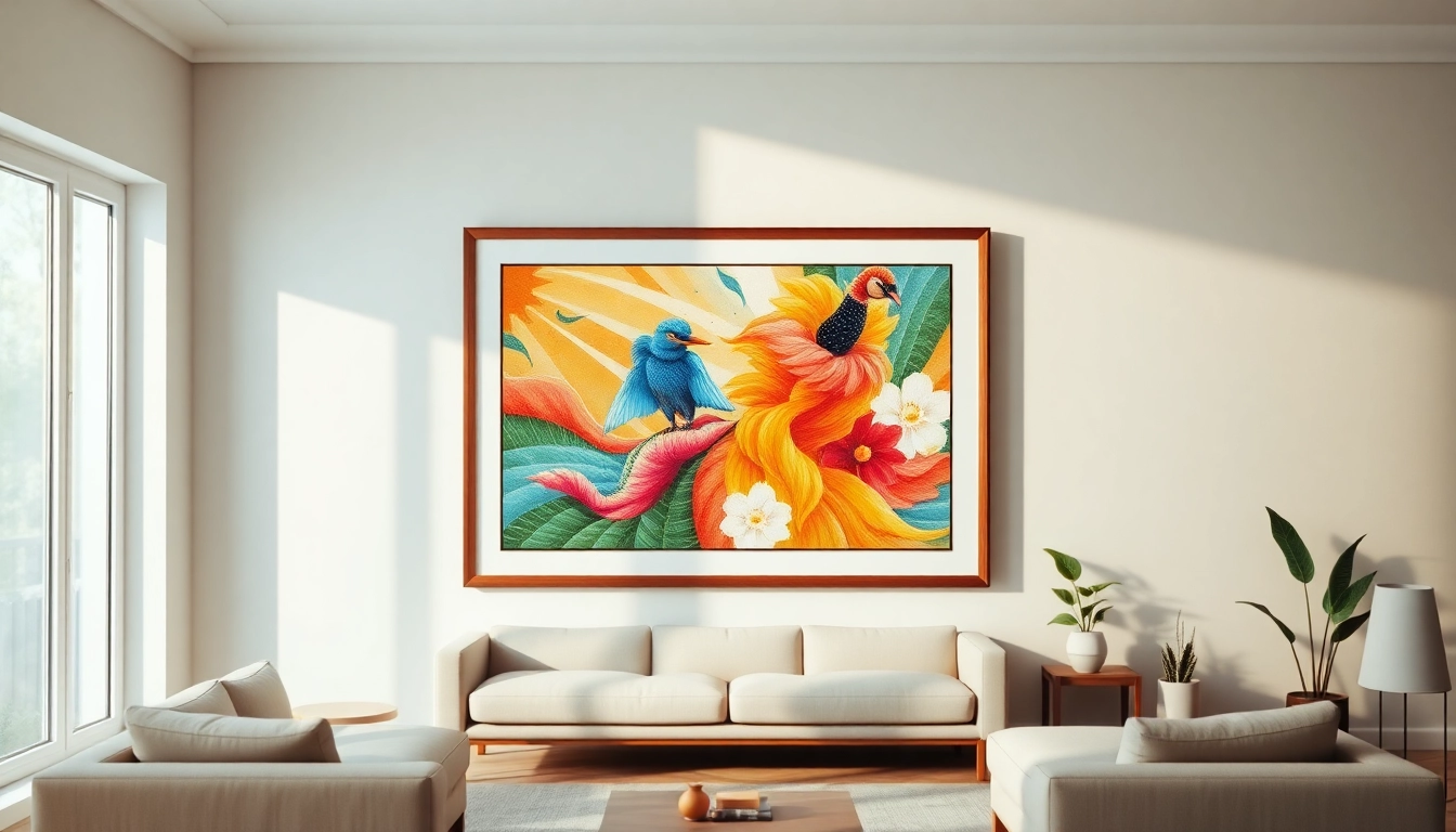 Display a 36x48 frame with vibrant artwork in a contemporary living room.