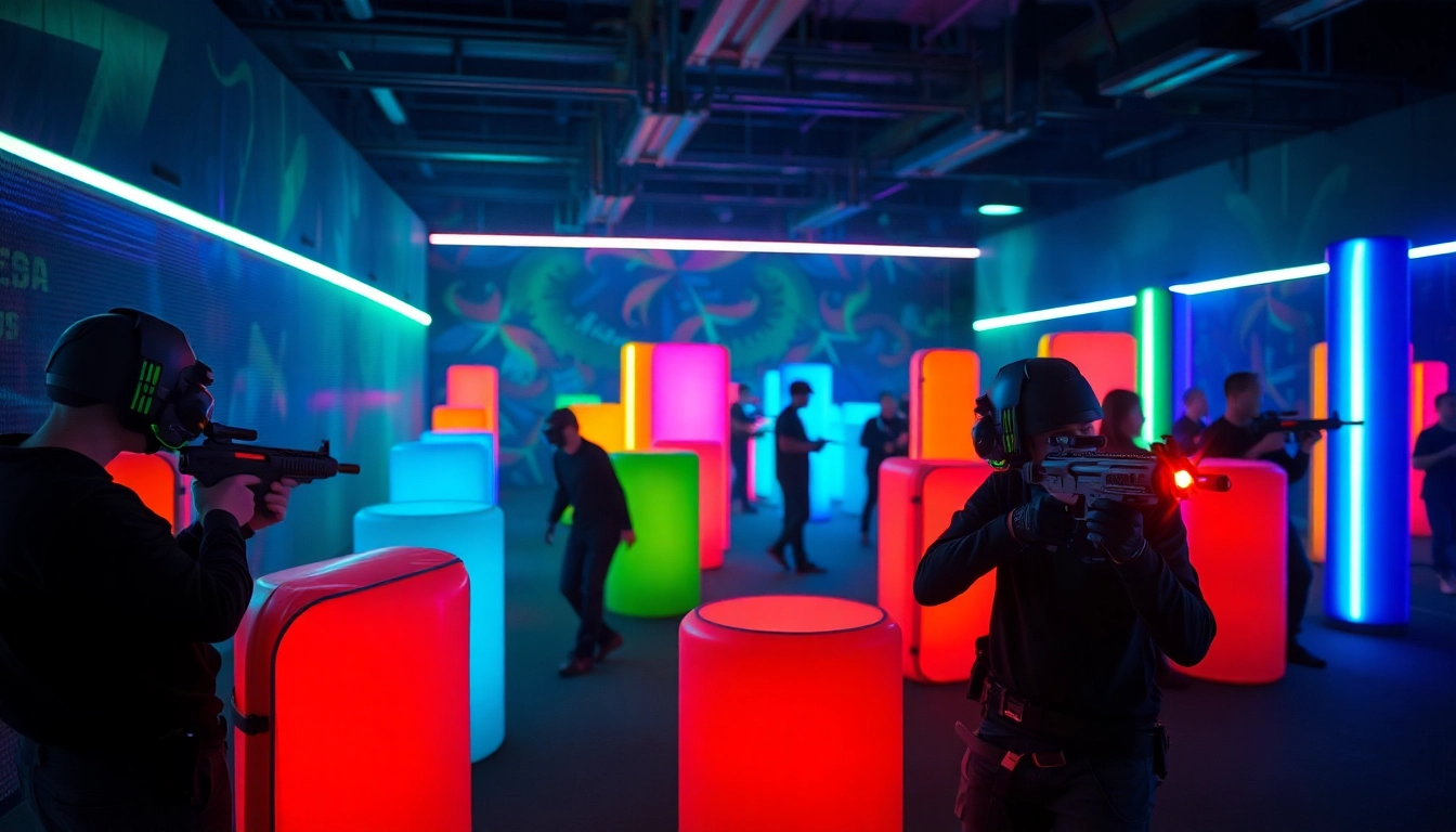 Players engaged in an exciting laser tag match in a vibrant arena with neon lighting.