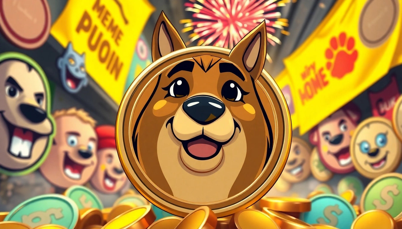 Depiction of a classic meme coin featuring a lively doge in a vibrant meme market.