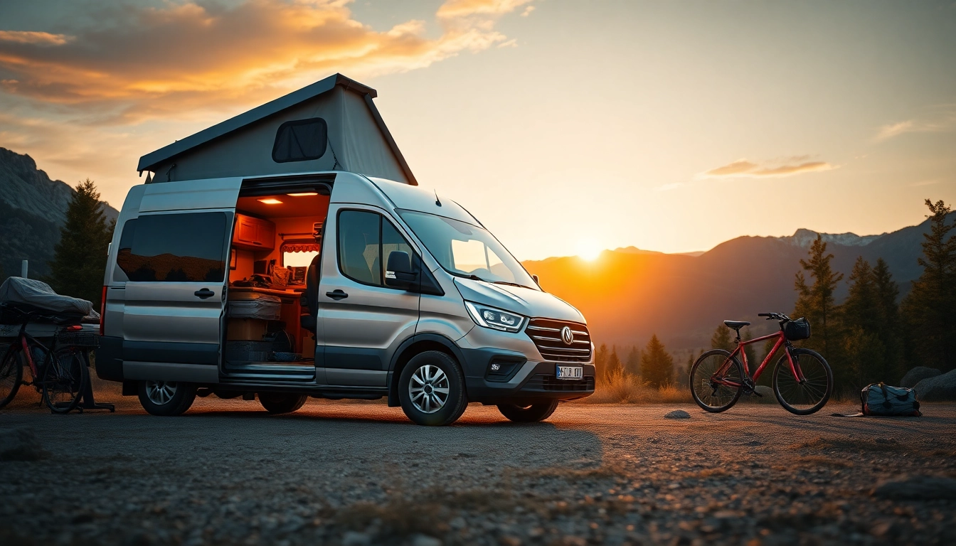 Showcase the perfect Van parked in a scenic landscape, highlighting its beauty and design features.
