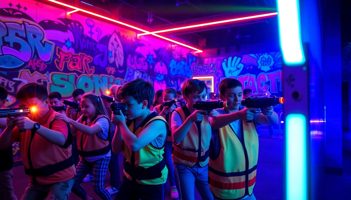 Participants enjoying an energetic game of laser tag in a vibrant arena.