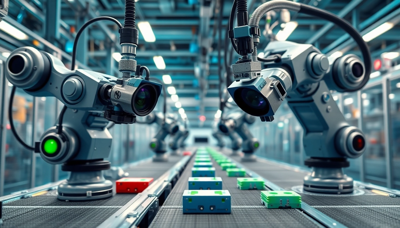 Demonstration of machine vision technology in an industrial setting with robotic arms.