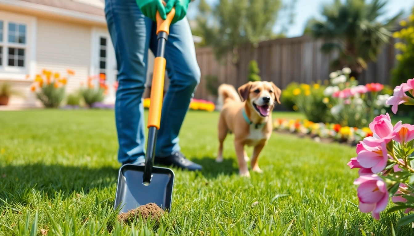 Efficient dog poop cleanup service in a colorful backyard with a professional scooping waste.