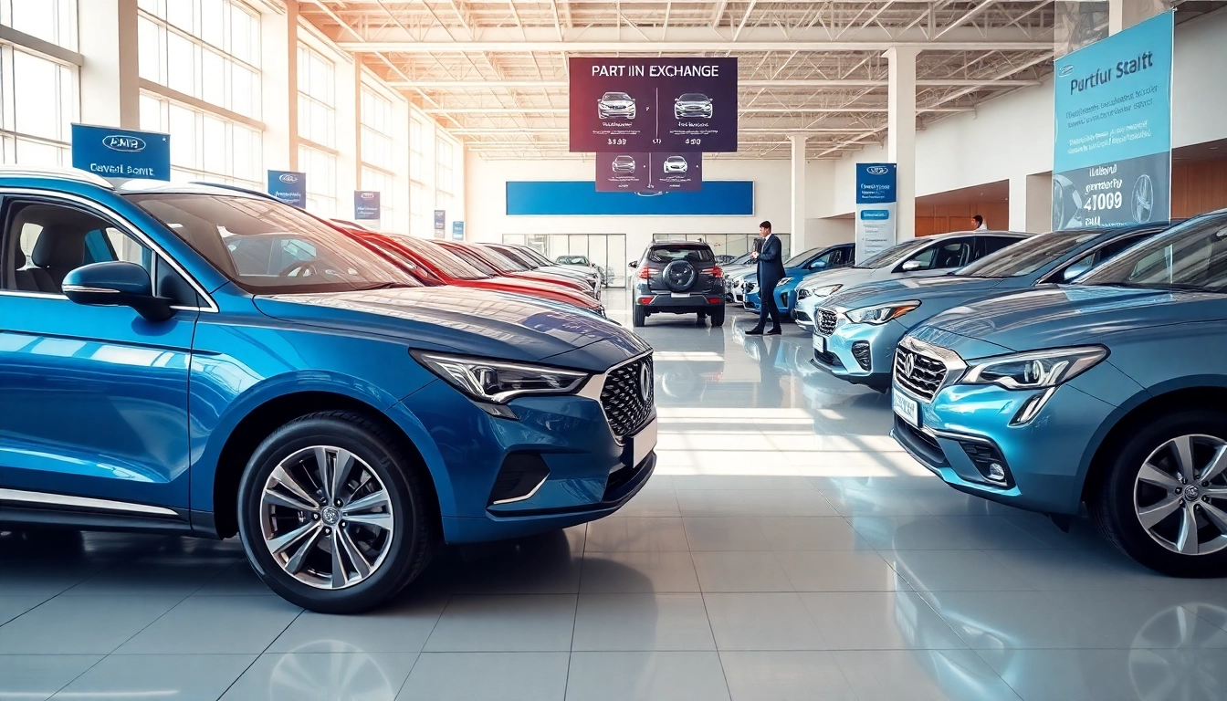 Showcasing a part exchange scenario with new and classic vehicles in a bright, professional showroom.
