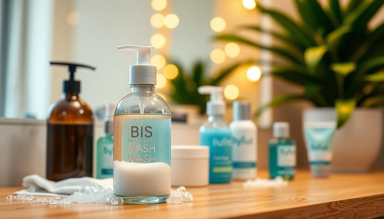 Showcase the best face wash products in a calming bathroom setting for skincare.