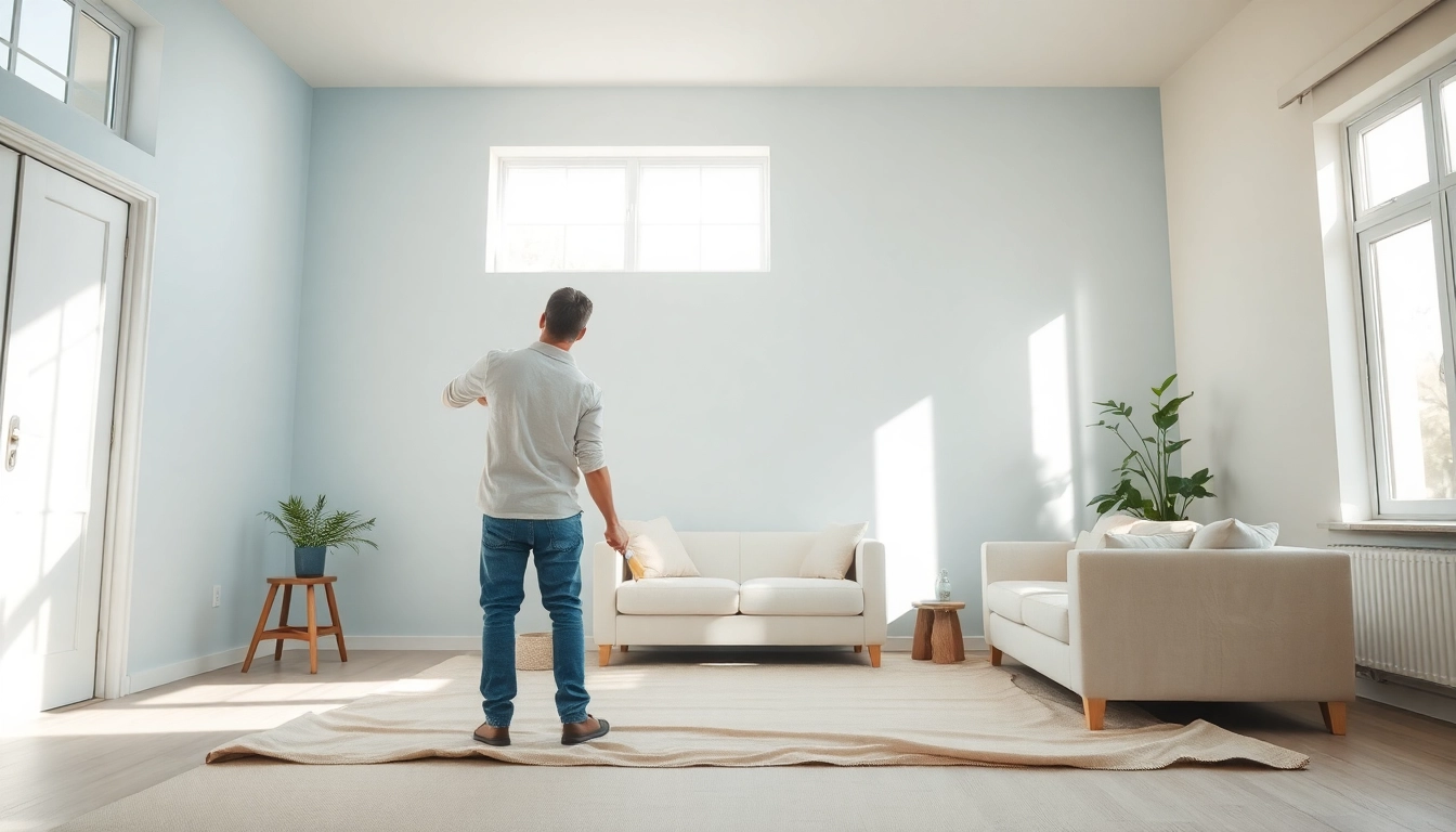 Enhance your interior painting project with a professional painter artfully applying fresh paint in a living room.