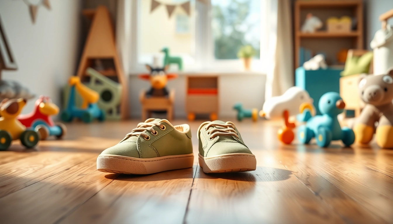 Minimale Kinderschuhe mit natürlichem Design auf einem Holzfußboden neben Spielzeug.