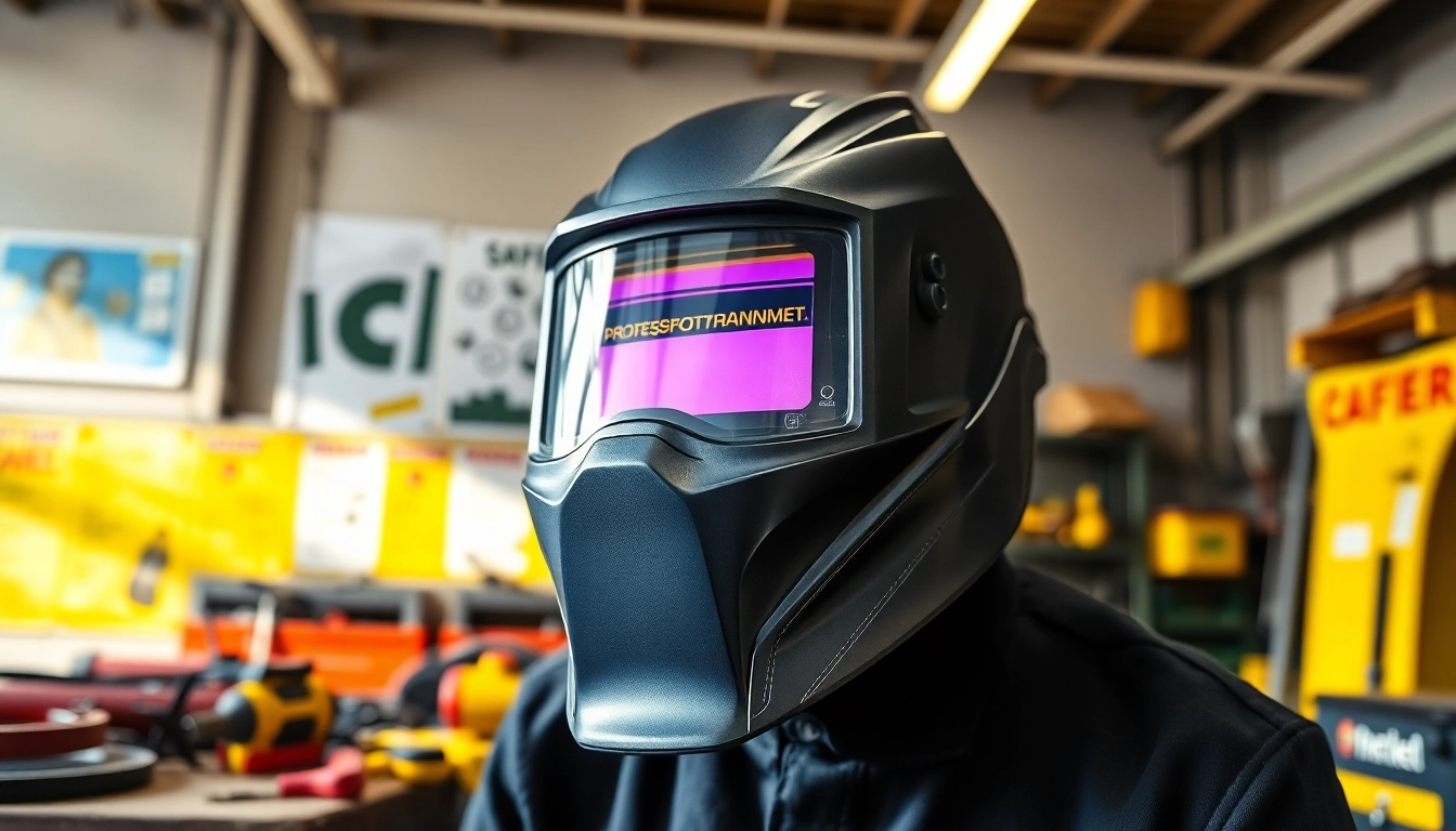 Showcasing a high-quality welding mask in a workshop environment, emphasizing safety and craftsmanship.