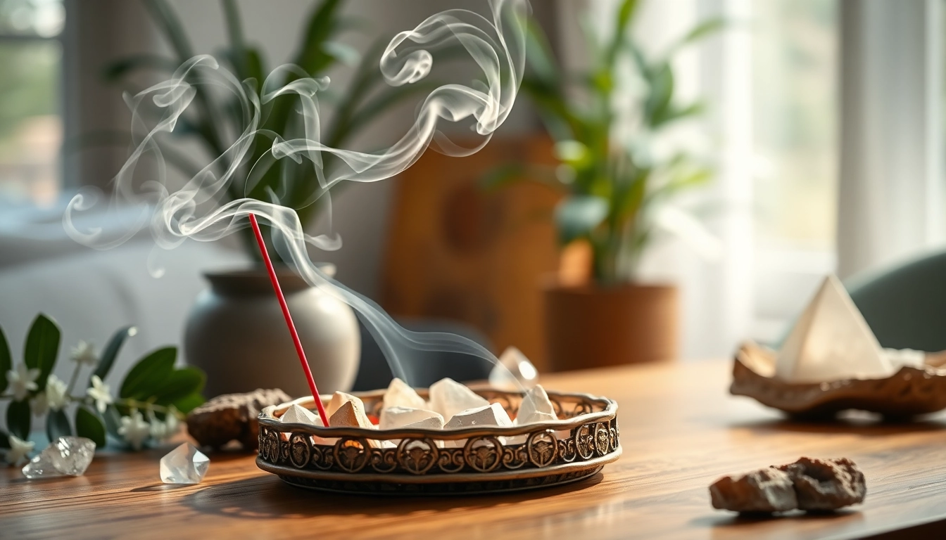 Incenses for cleansing surrounded by crystals in a serene environment
