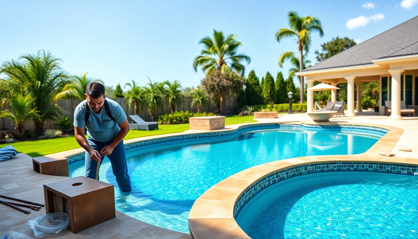 Swimming pool builder constructing a luxury pool in a beautiful backyard setting.