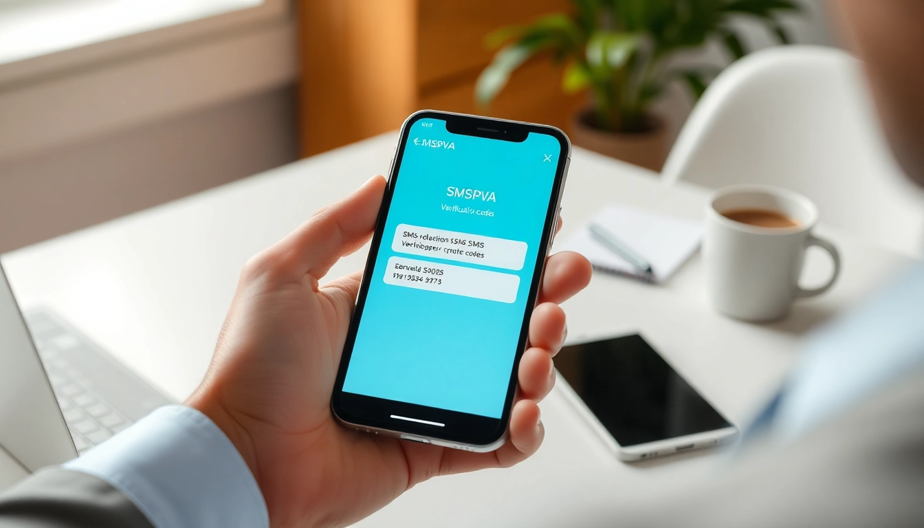 Engaged user accessing smspva app for SMS verification on smartphone in office.