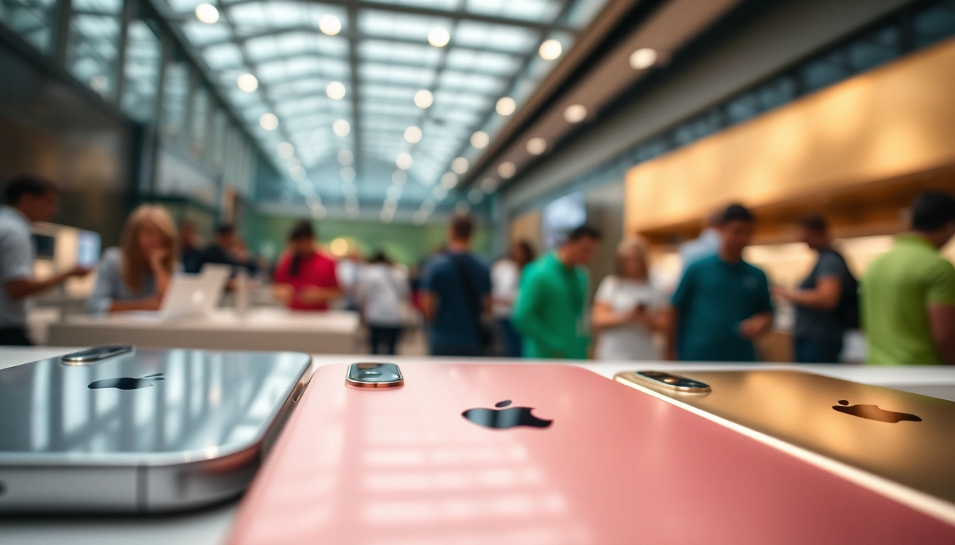Buy iPhone models in a modern retail setting showcasing the latest designs and vibrant colors.