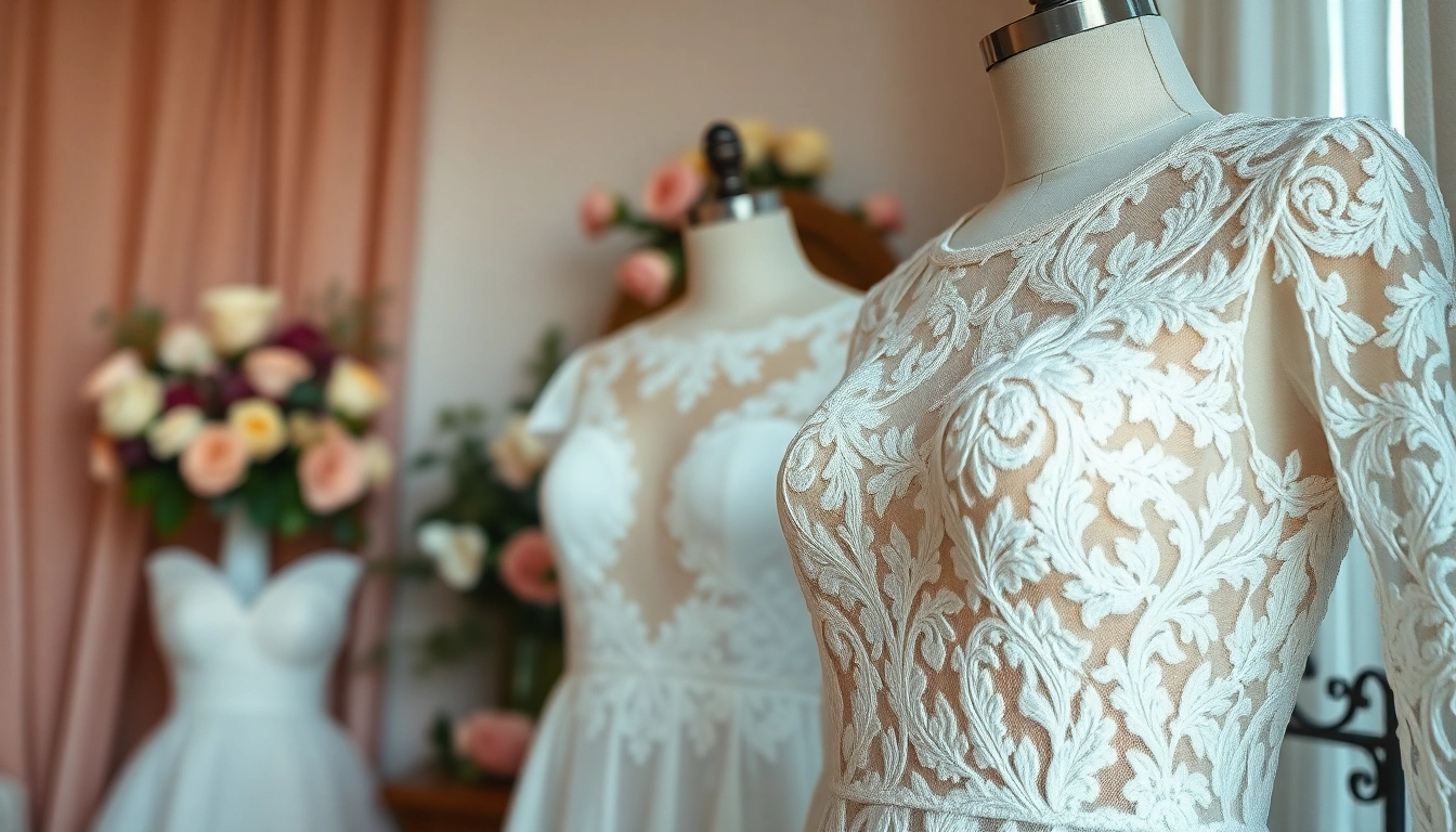 View of lace wedding dresses highlighting intricate patterns and elegant designs.
