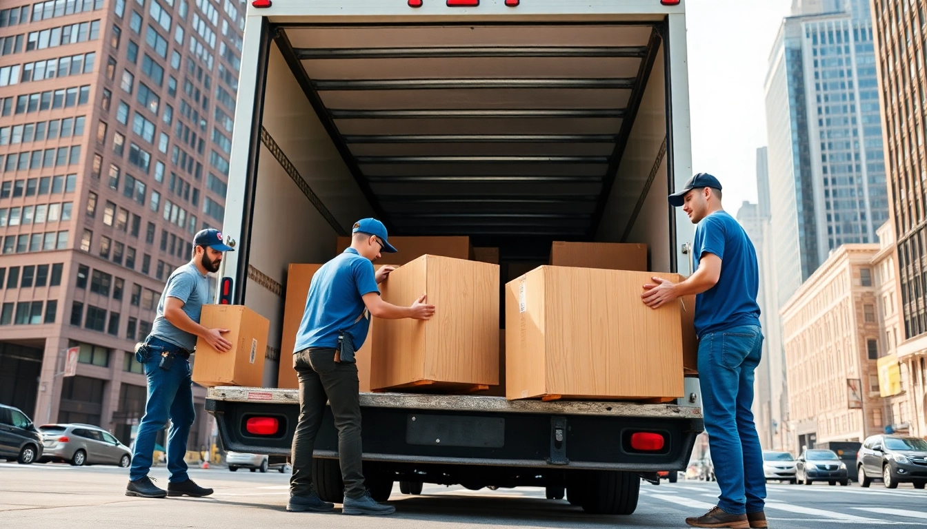 Efficient professional cheap movers nyc packing furniture into a truck with NYC skyline background.