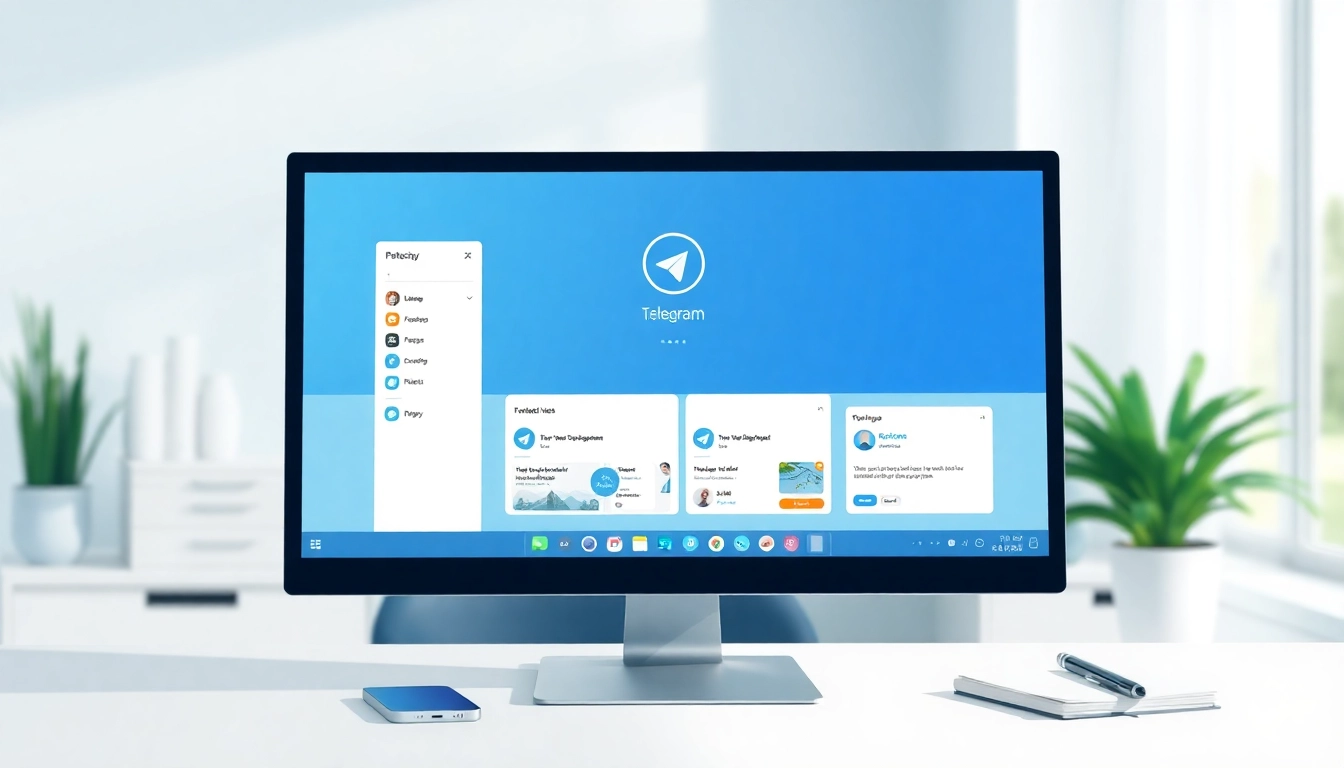View of the telegram下载电脑版 desktop app interface on a workspace computer screen.