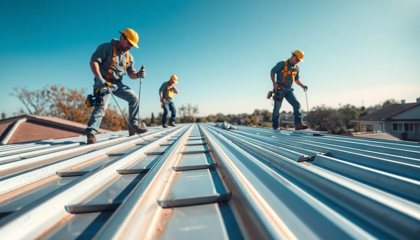 Metal roofing installation Austin with skilled workers installing metal sheets on a residential roof.