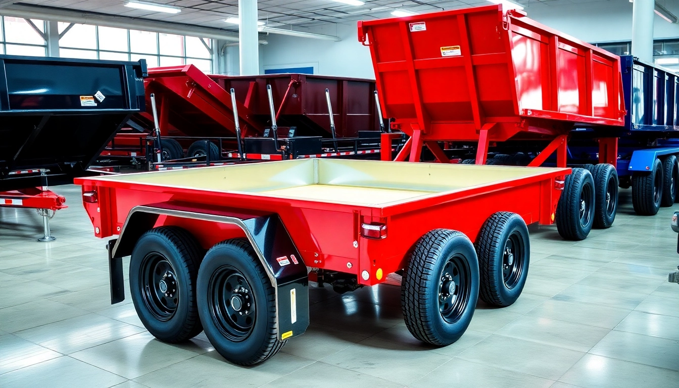 Browse stunning dumpster trailers for sale, showcasing heavy-duty designs in a vibrant dealership.
