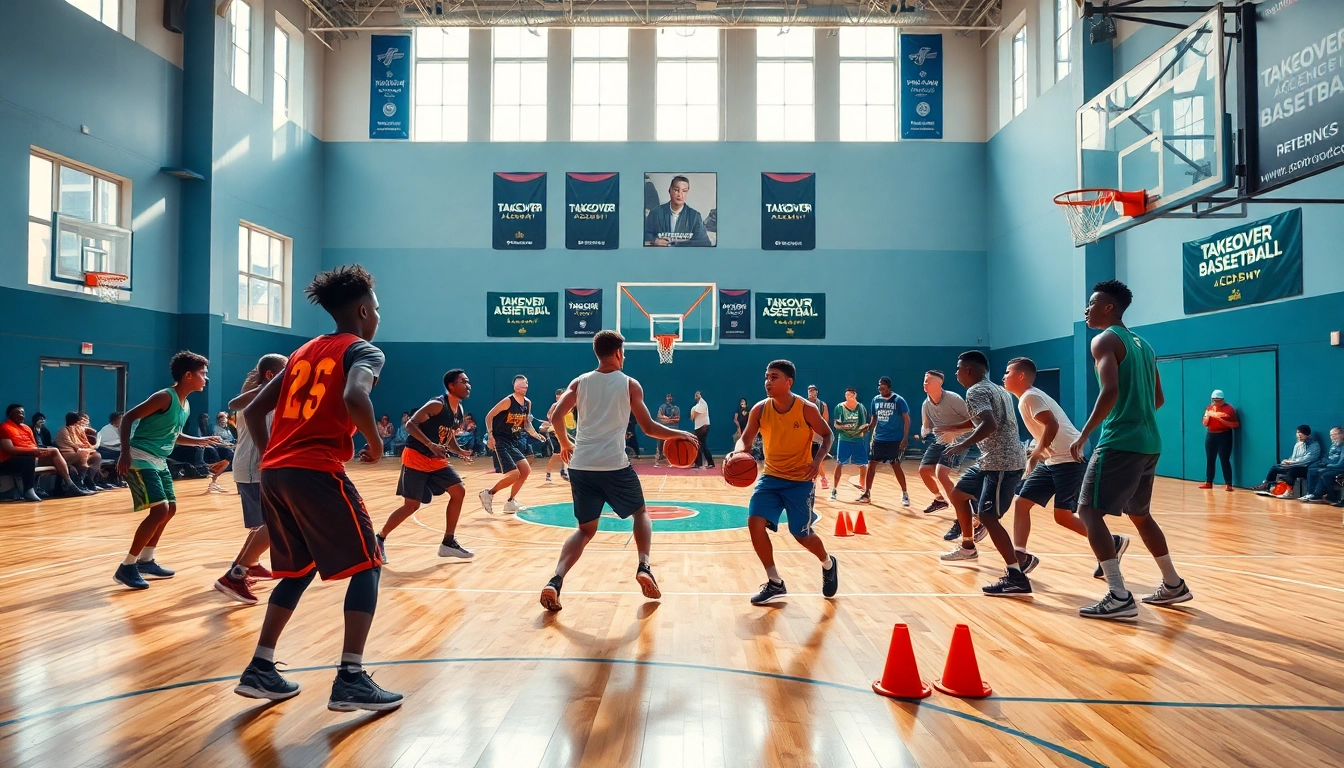 Energetic basketball training at Takeover Basketball Academy showcasing young athletes in action.