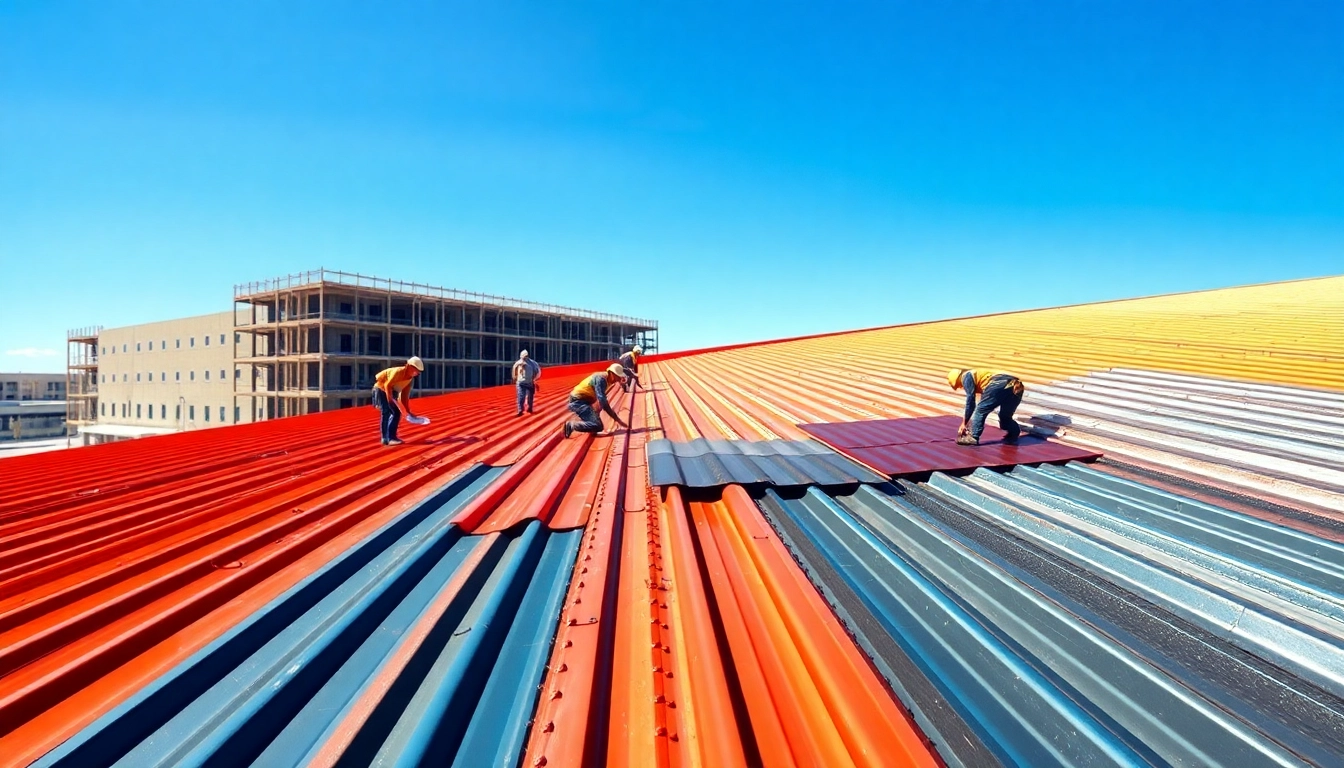 Explore commercial metal roofing with skilled workers installing durable panels on a bright sunny day.