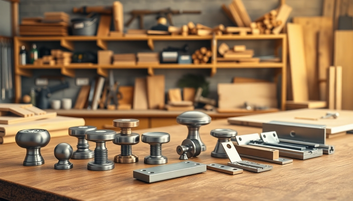 Furniture hardware suppliers showcasing quality cabinet knobs and drawer slides in a workshop setting.