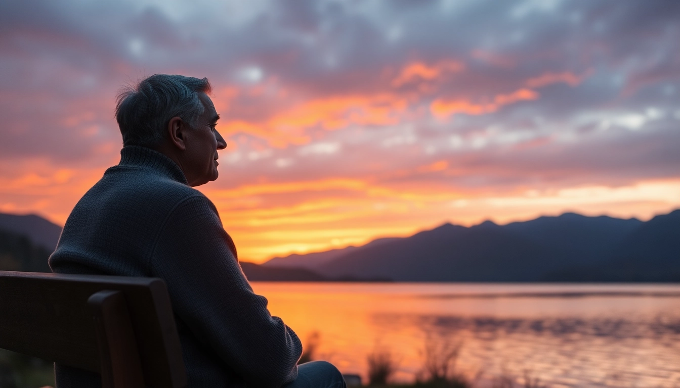 A person contemplating while dealing with grief, overlooking a sunset on a tranquil lake.