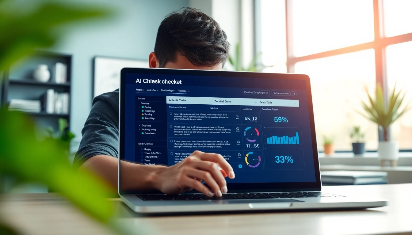 Analyze text with an AI checker on a laptop in a modern office environment.
