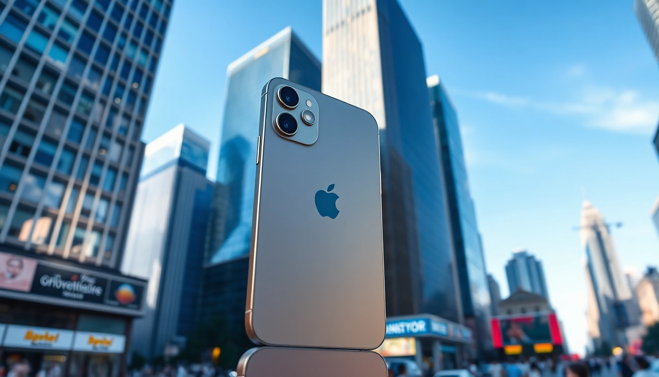 Buy iPhone displayed prominently against a bustling urban backdrop, highlighting urban lifestyle.