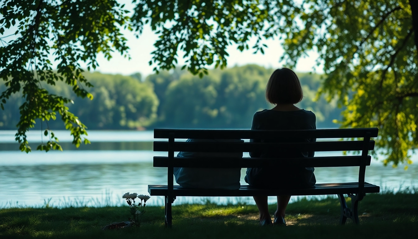 A person dealing with grief reflected in a peaceful lakeside scene, encouraging healing and remembrance.
