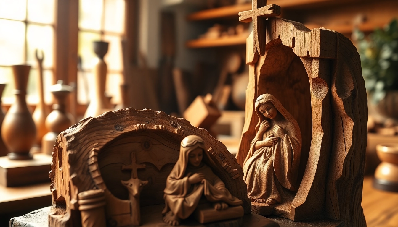Stunning olive wood carvings of a nativity scene demonstrating exquisite craftsmanship and detail.