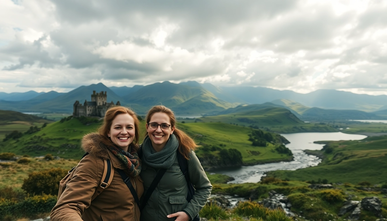 Experience Scottish tours with travelers in highlands, castles, and serene lochs under dramatic skies.