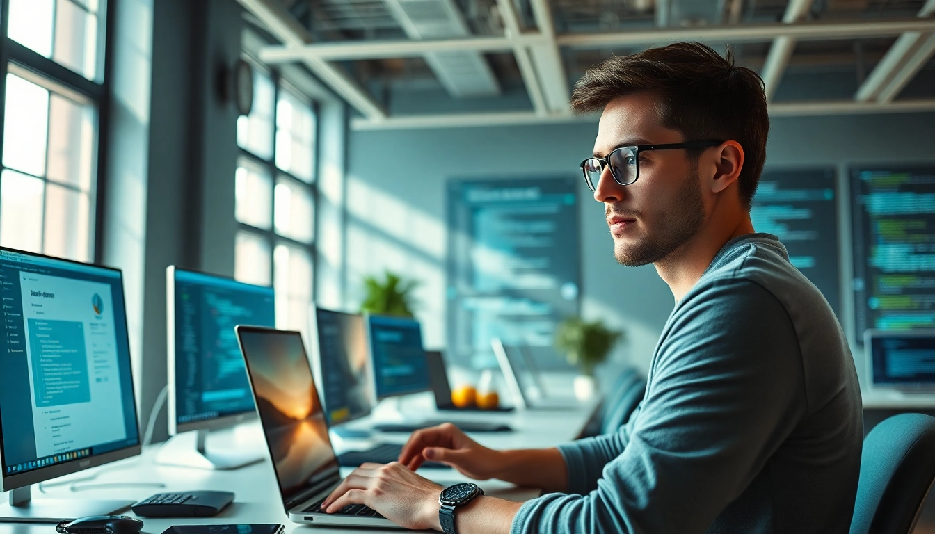 Engaging web development designer creating a website interface in a modern workspace.