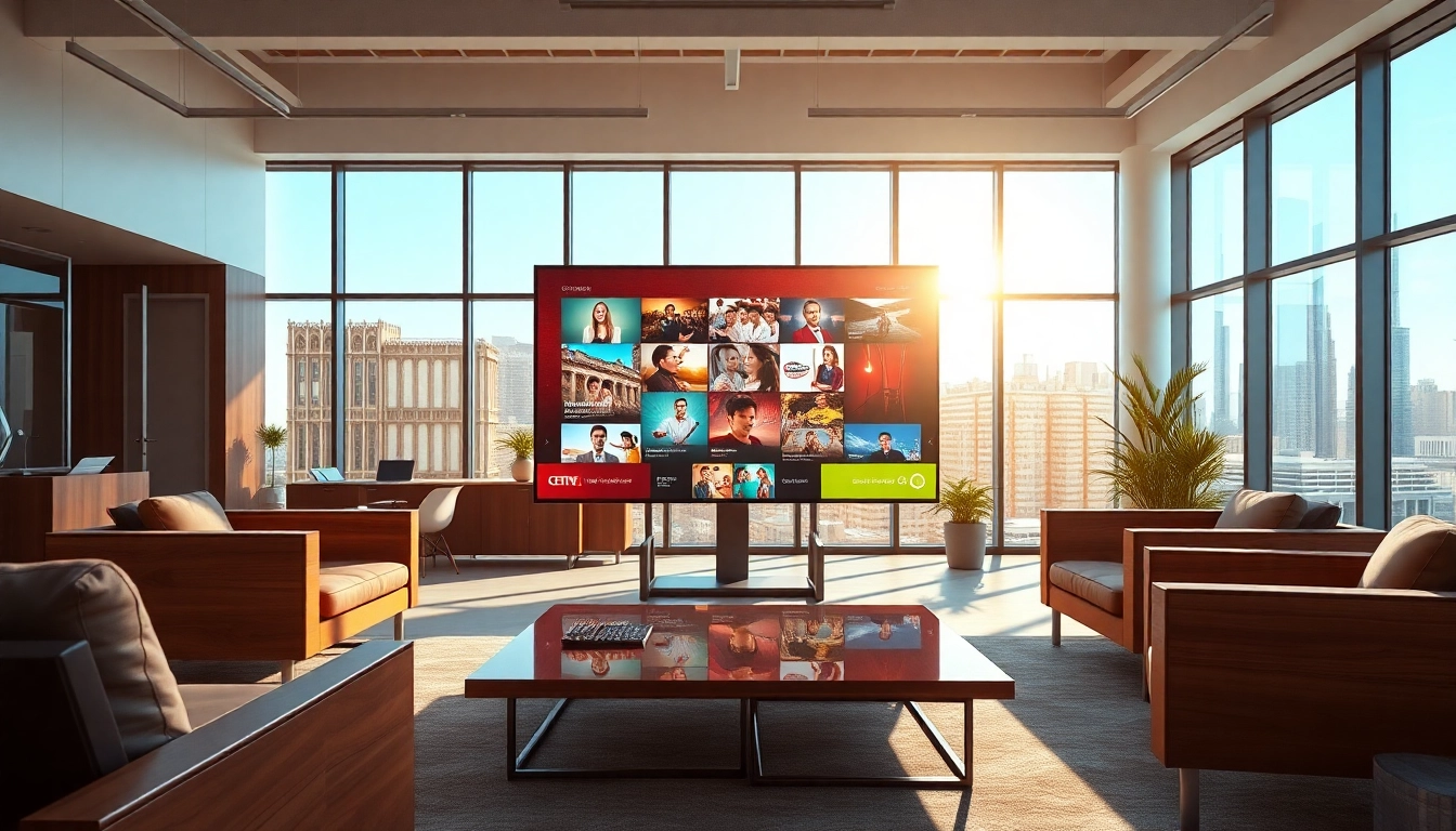 Engaging digital signage featured prominently in a modern office setting showcasing vibrant multimedia.