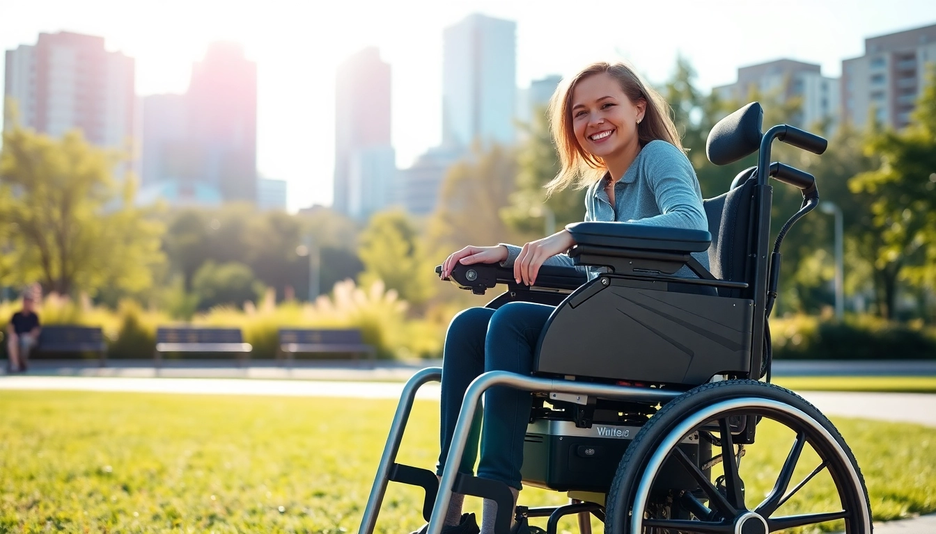 Efficient Electric Wheelchair navigating through a sunny urban park, showcasing modern design.