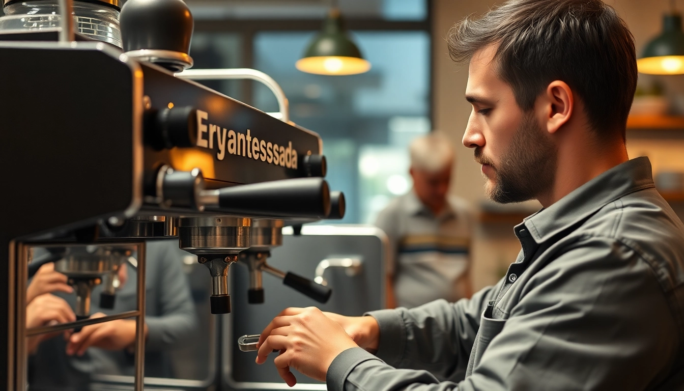Cimbali teknik servis with a professional technician performing maintenance on an espresso machine in a café.