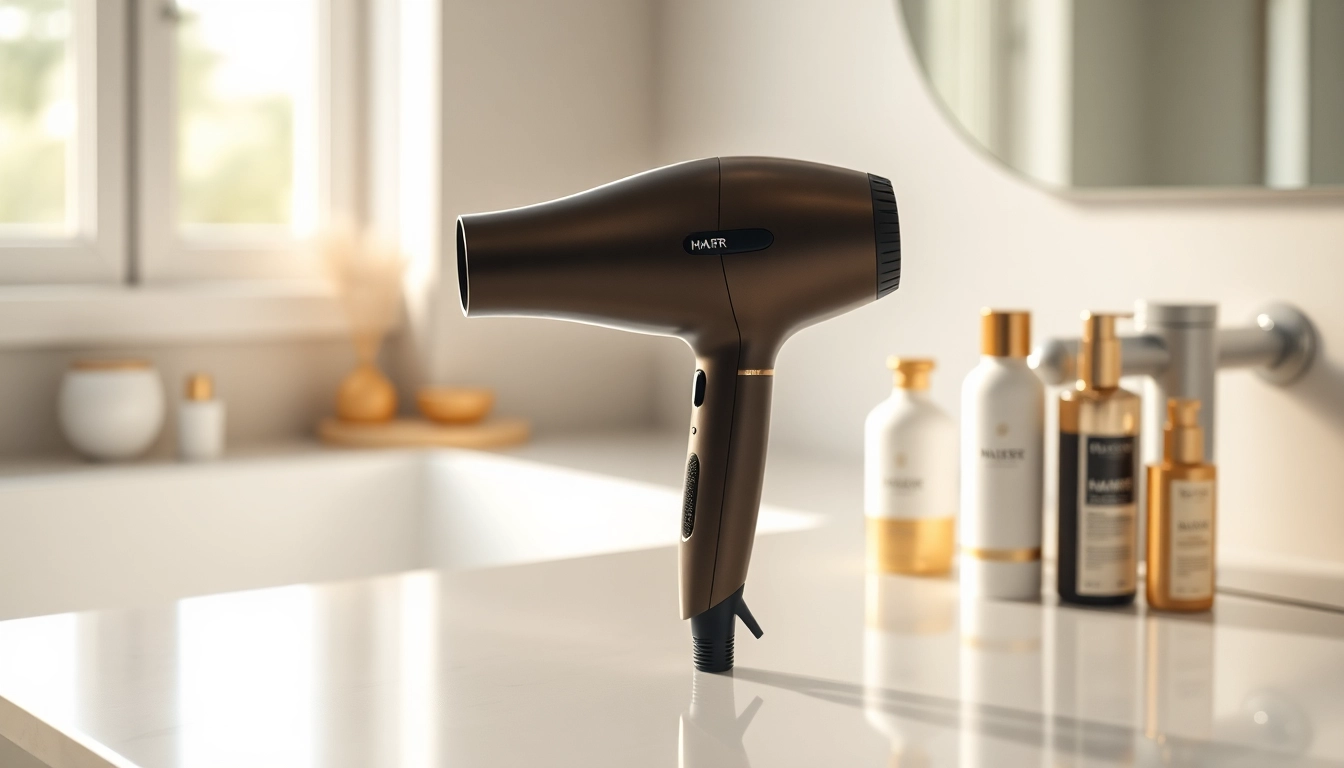 Using a sleek hair dryer on a stylish countertop for a perfect grooming routine.