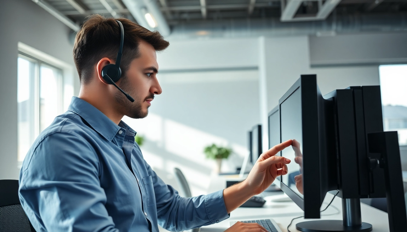 Providing computer it support by a professional technician in an office environment.