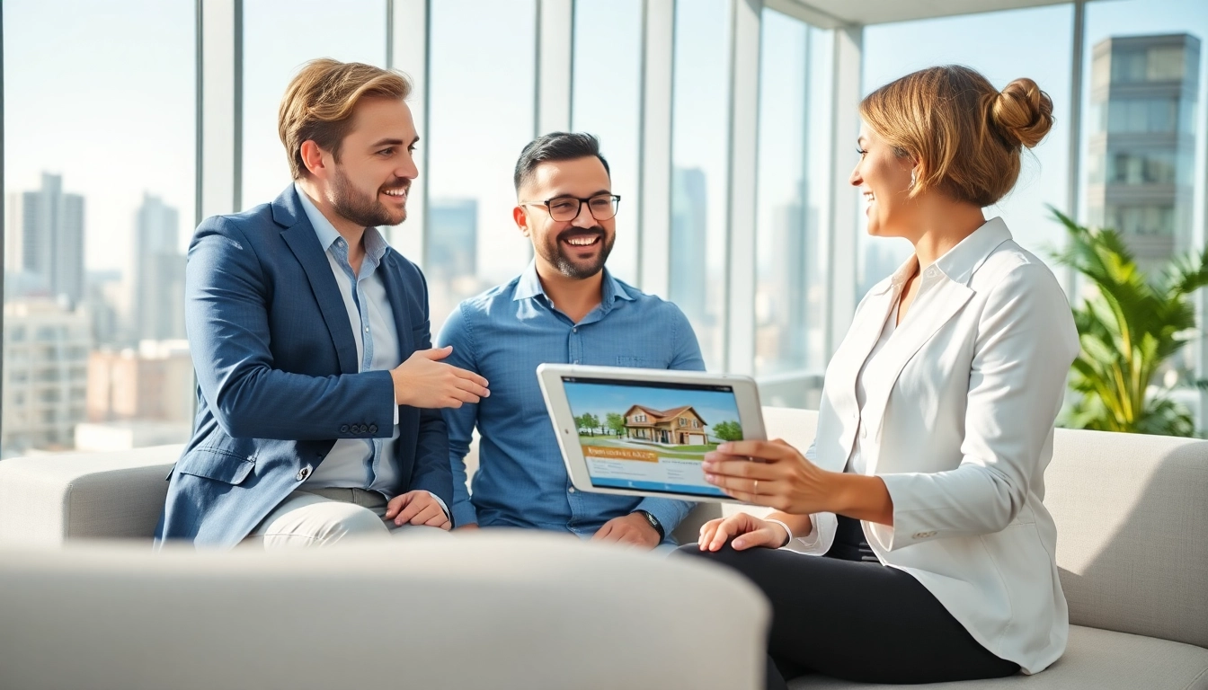 Couple discussing options to buy a house with a real estate agent in a bright office