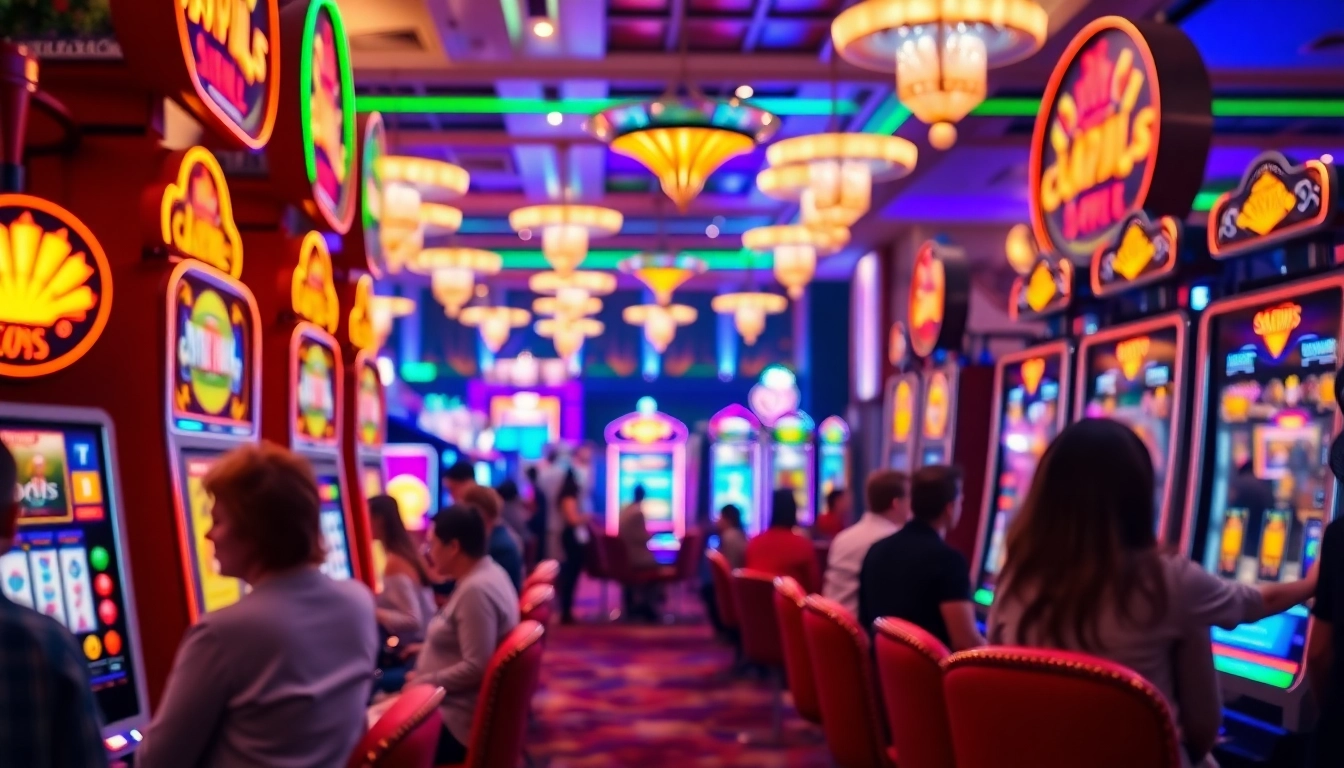 Permainan game slot yang seru dengan mesin slot berwarna-warni dan suasana kasino yang hidup.