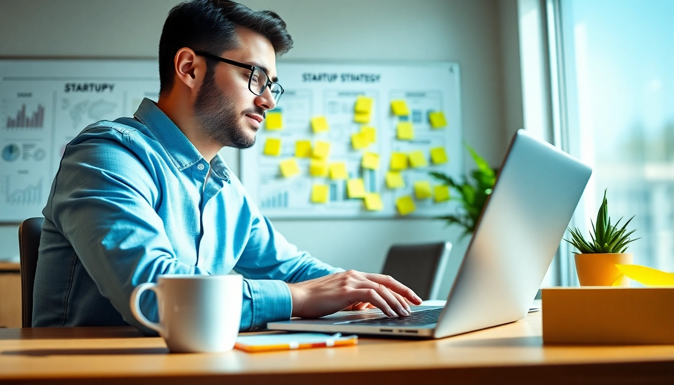 Launch Successful Startup by brainstorming entrepreneur in a modern office setting.
