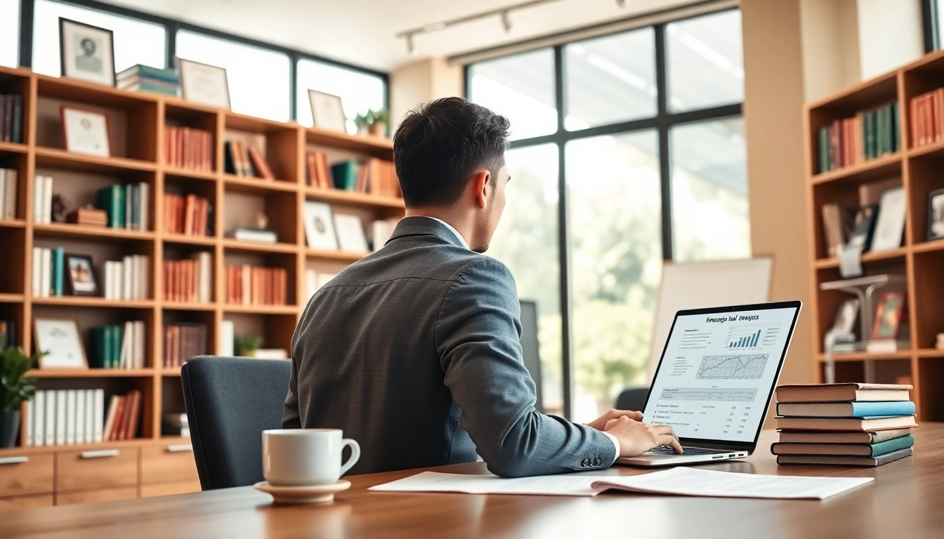 A back tax professional working diligently in a modern office, showcasing expertise and focus.