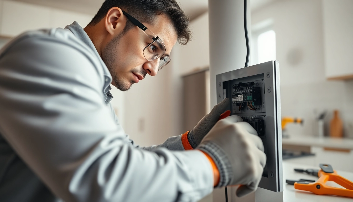 Electrician optimally installing electrical service panel with safety gear.