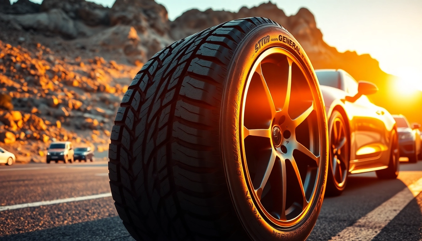 Showcasing General tires on a stylish vehicle against a dynamic urban backdrop, emphasizing performance.