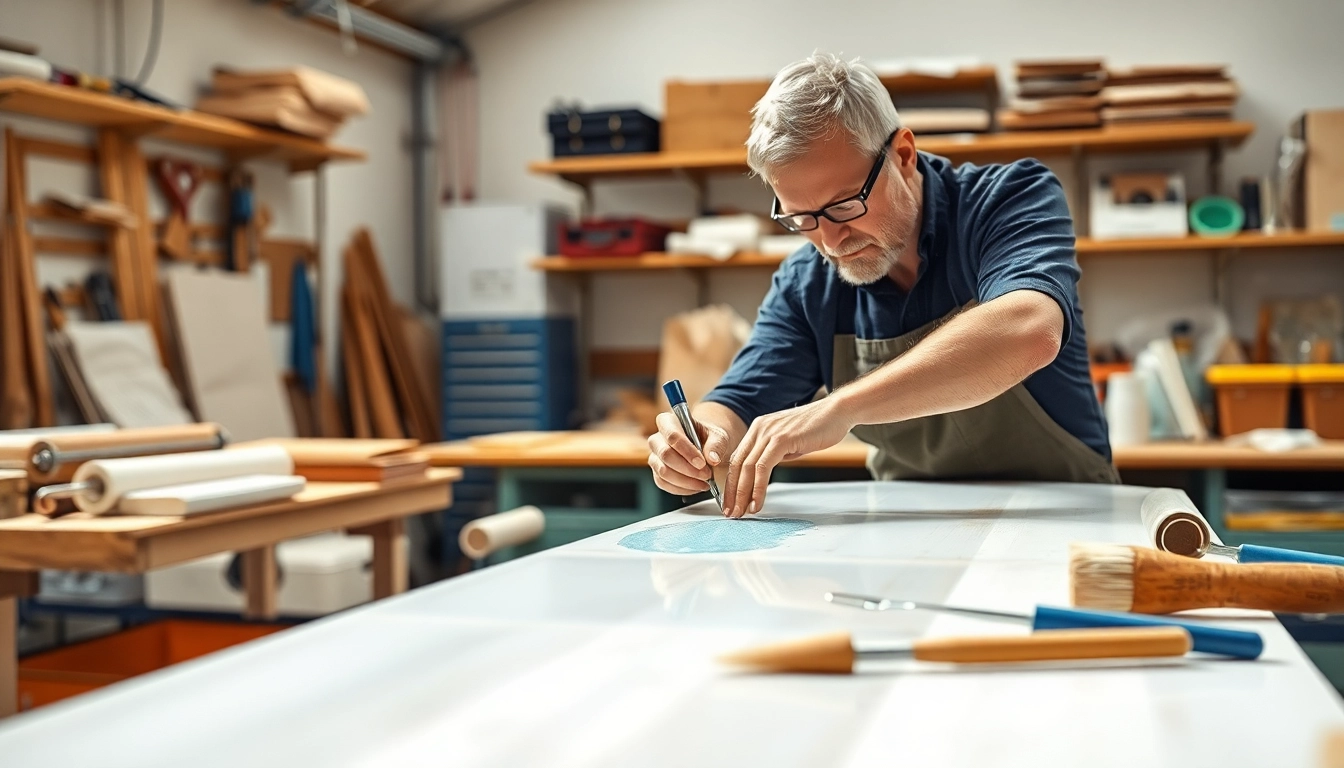 Applying laminating resin in a professional workshop with precision tools nearby.