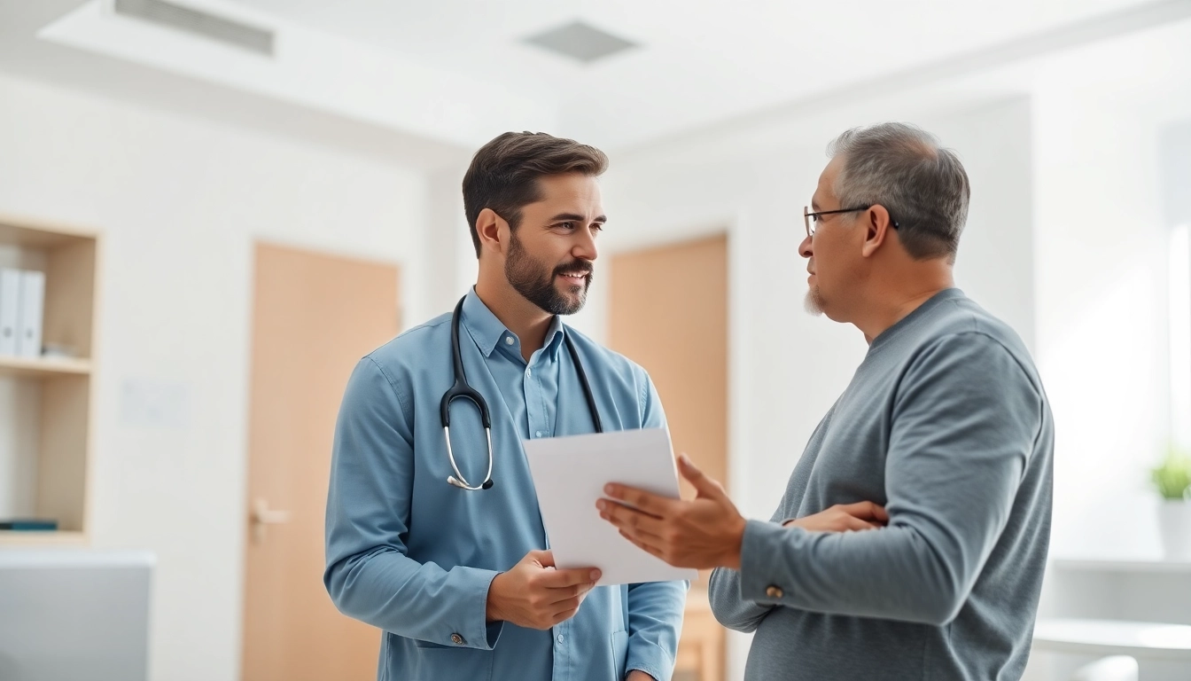 Discussing Testosterone Replacement Therapy with a medical practitioner in a modern clinic.