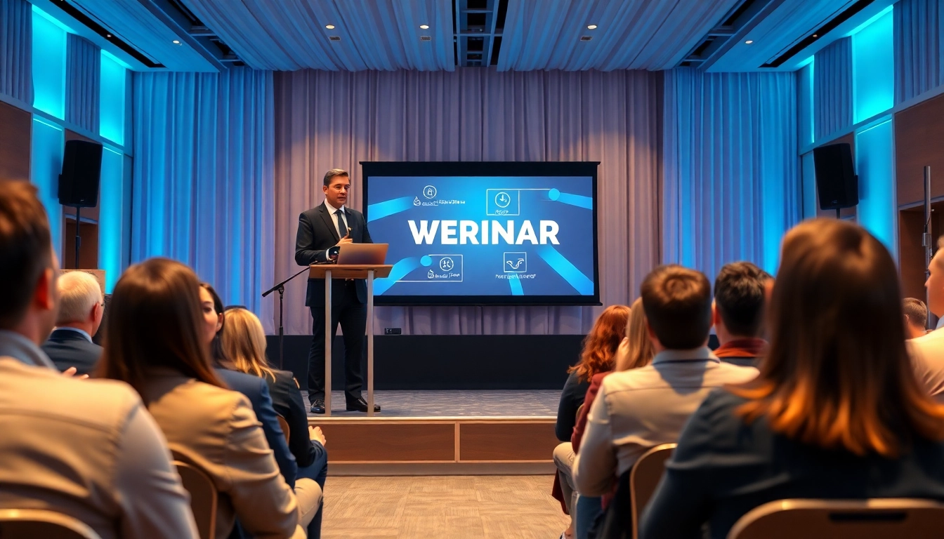 Engaging setup for a Perfect Webinar with a presenter captivating an interested audience.