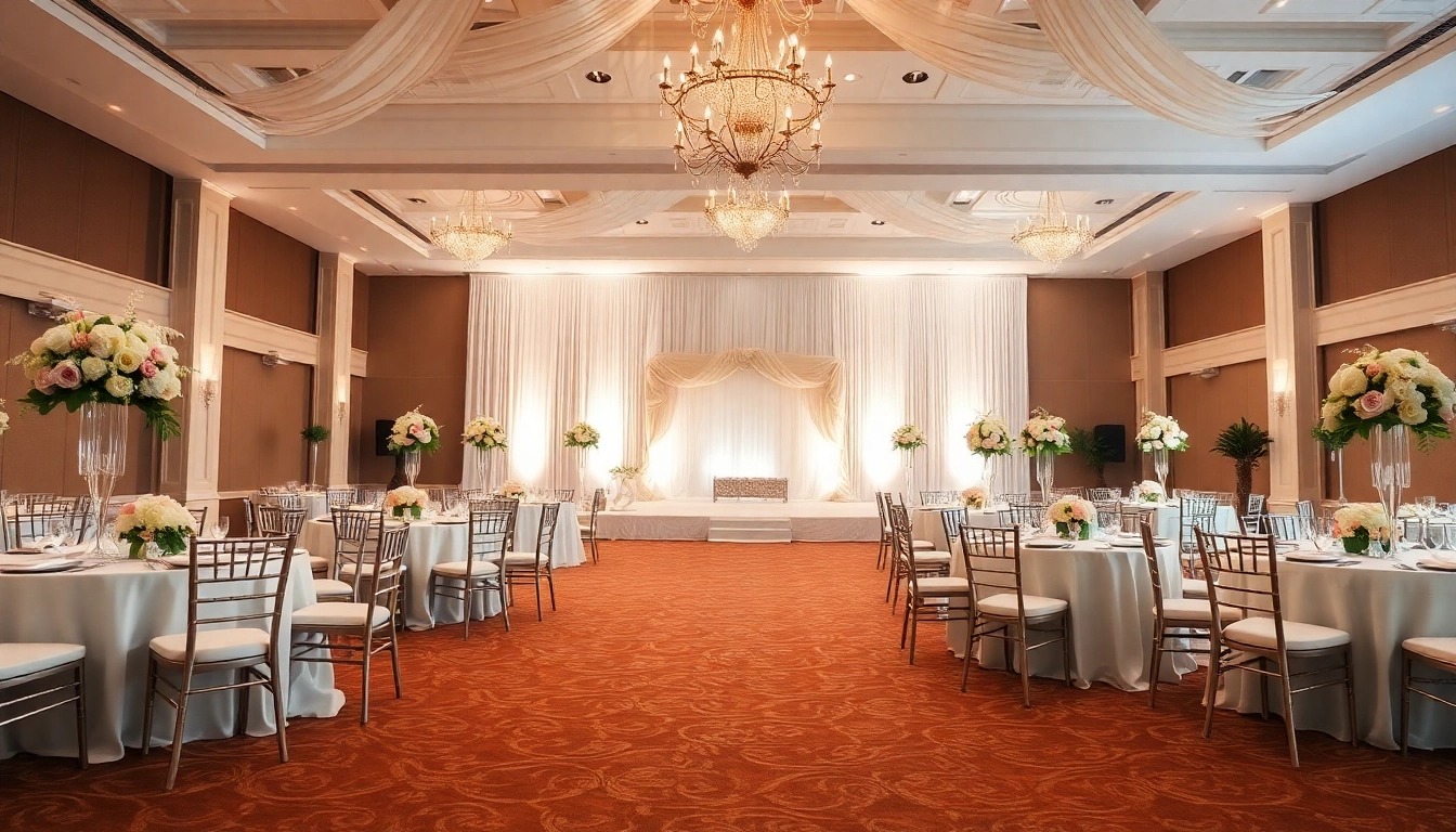 Capture the elegant le prestige hall, adorned for weddings with floral arrangements and warm lighting.